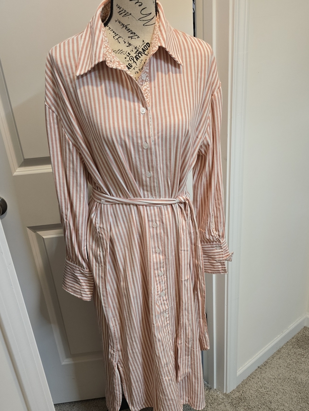 Umgee- Striped Long Button-Down Shirt Dress in Pink and White